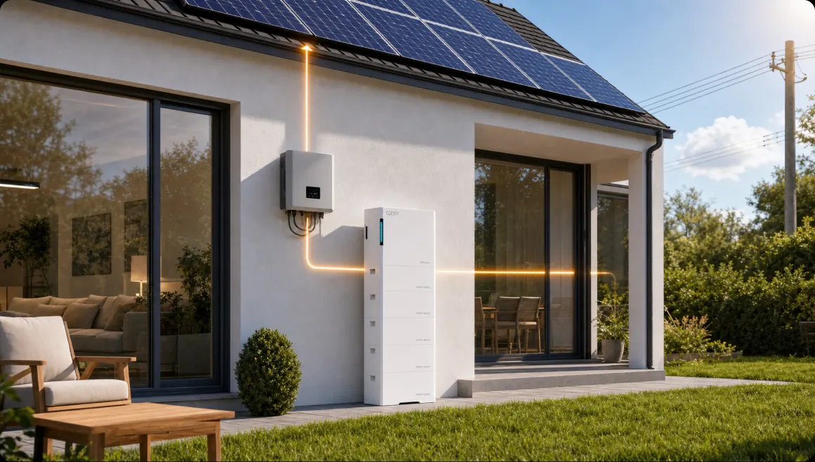 Woning met zonnepanelen, een bestaande omvormer en een ESY-thuisbatterij tegen de gevel
