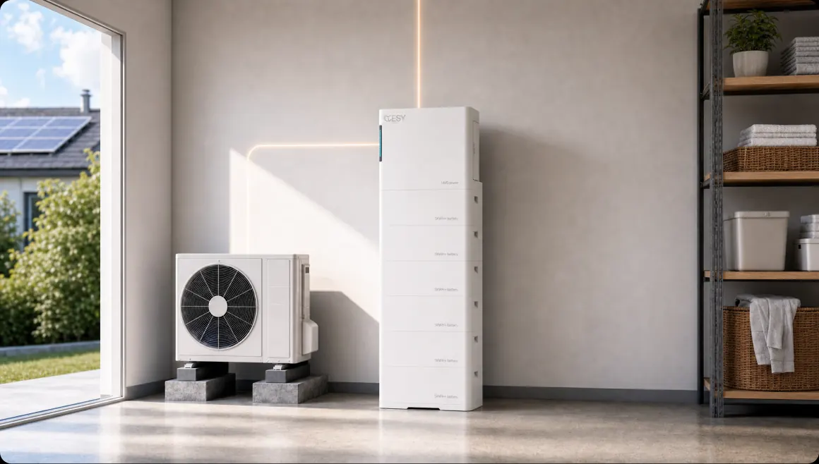 ESY HM5 Max in een berging naast de buitenunit van een warmtepomp