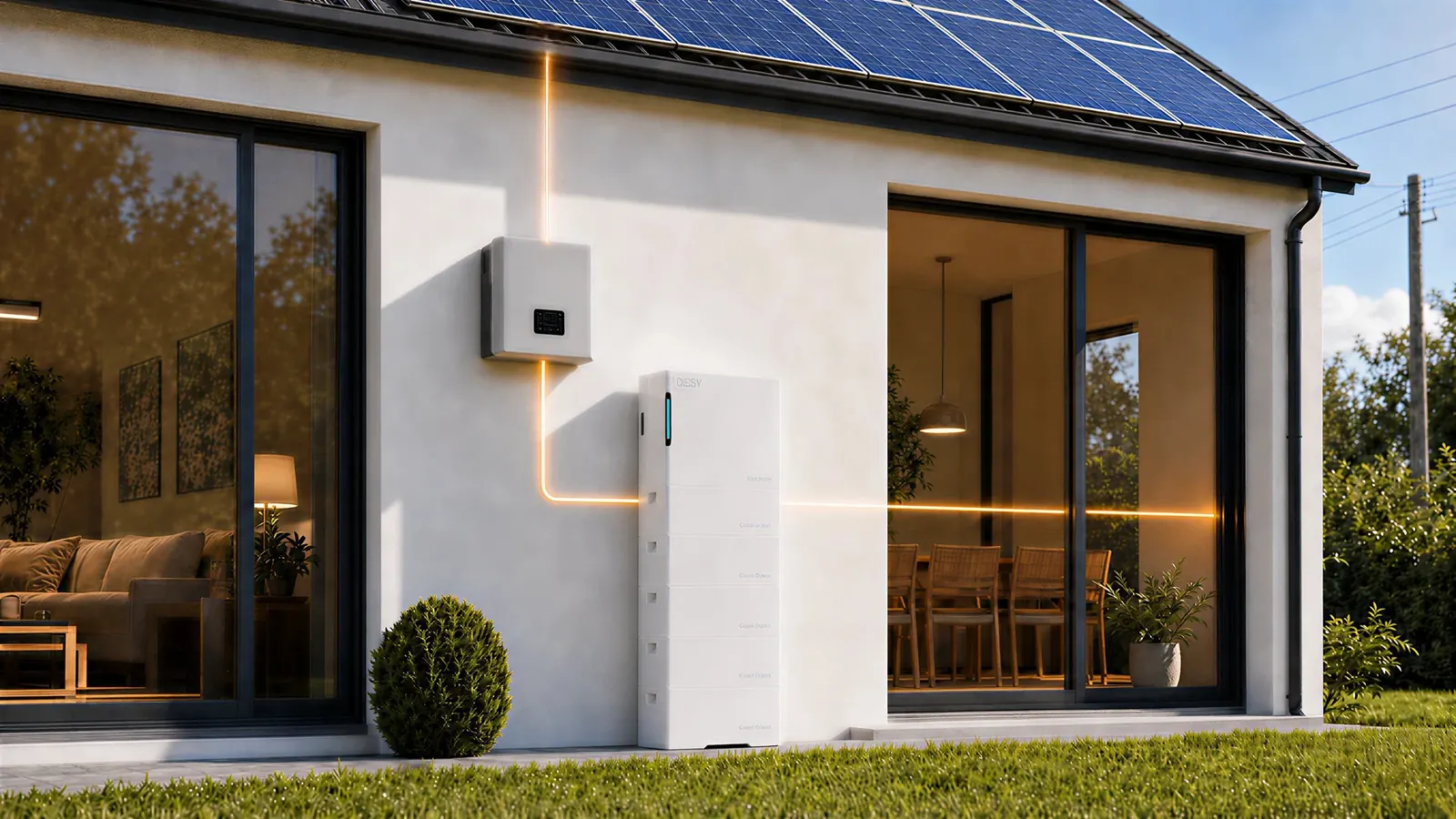 Woning met zonnepanelen, een omvormer en een ESY-thuisbatterij tegen de gevel