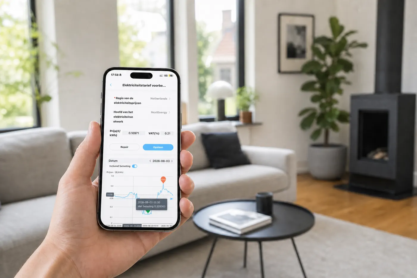 ESY-app op een telefoon met de planning van laden en ontladen op de energieprijs