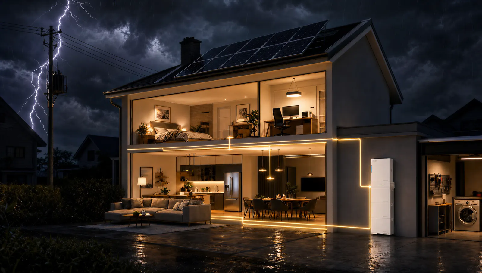 Woning met verlichting aan tijdens een stroomstoring, gevoed door de ESY-thuisbatterij