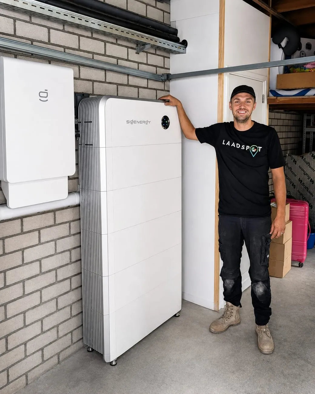 Monteur van Laadspot naast een geïnstalleerde Sigenergy-thuisbatterij