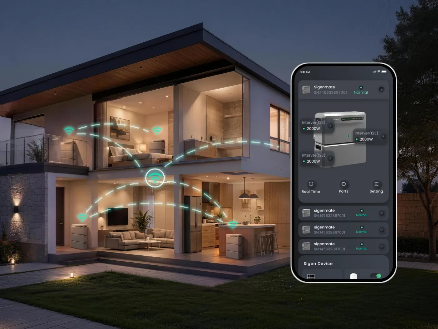 Woning met SigenMate en de mySigen-app met de energiestromen in huis