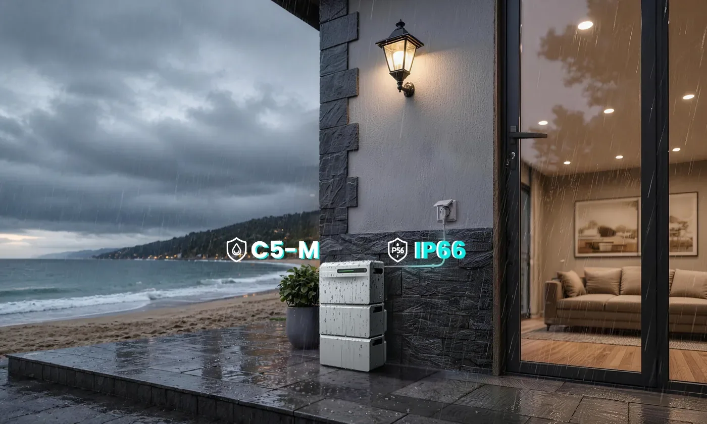 SigenMate buiten op een terras aan zee, met de aanduidingen IP66 en C5-M