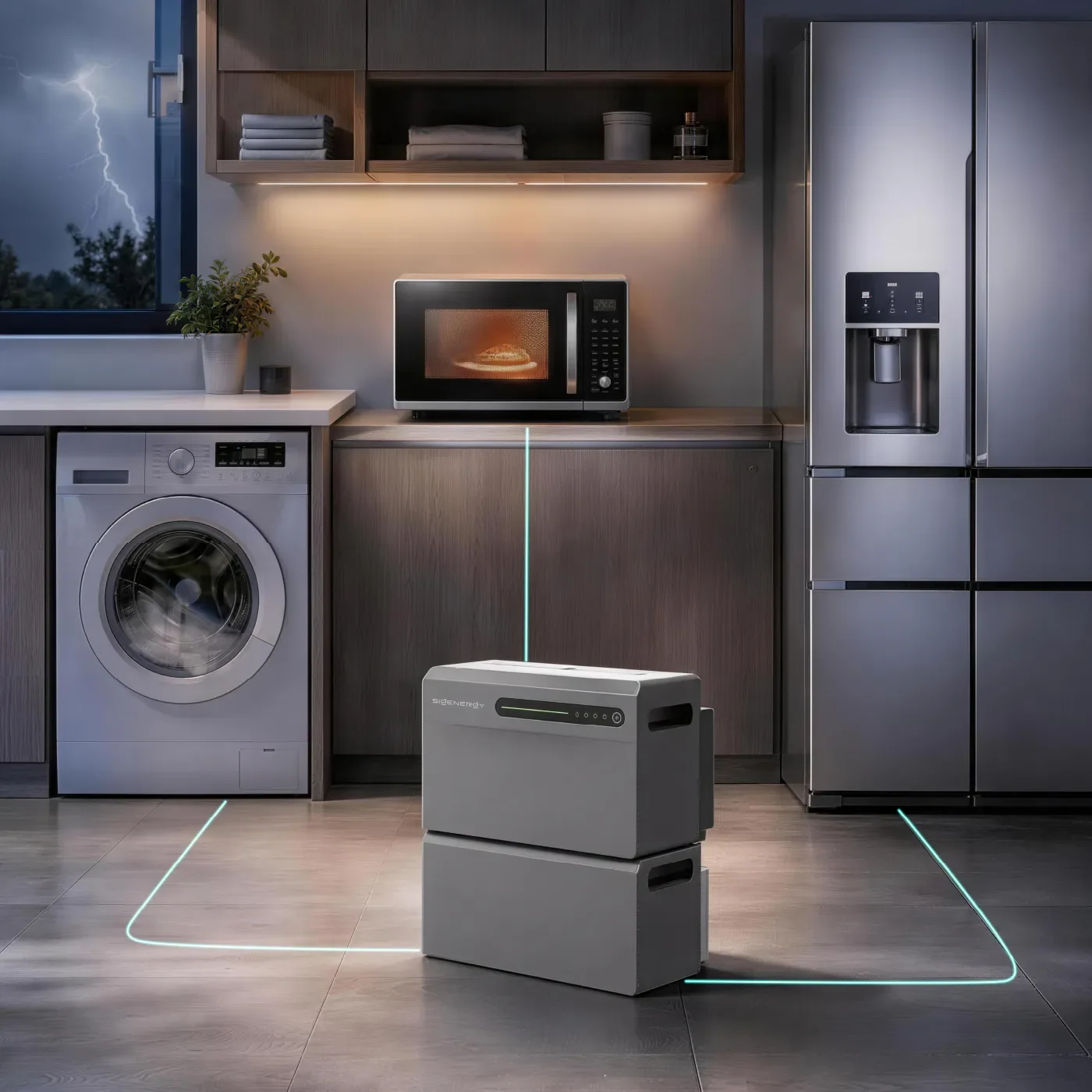 SigenMate in een keuken die een wasmachine, magnetron en koelkast van stroom voorziet