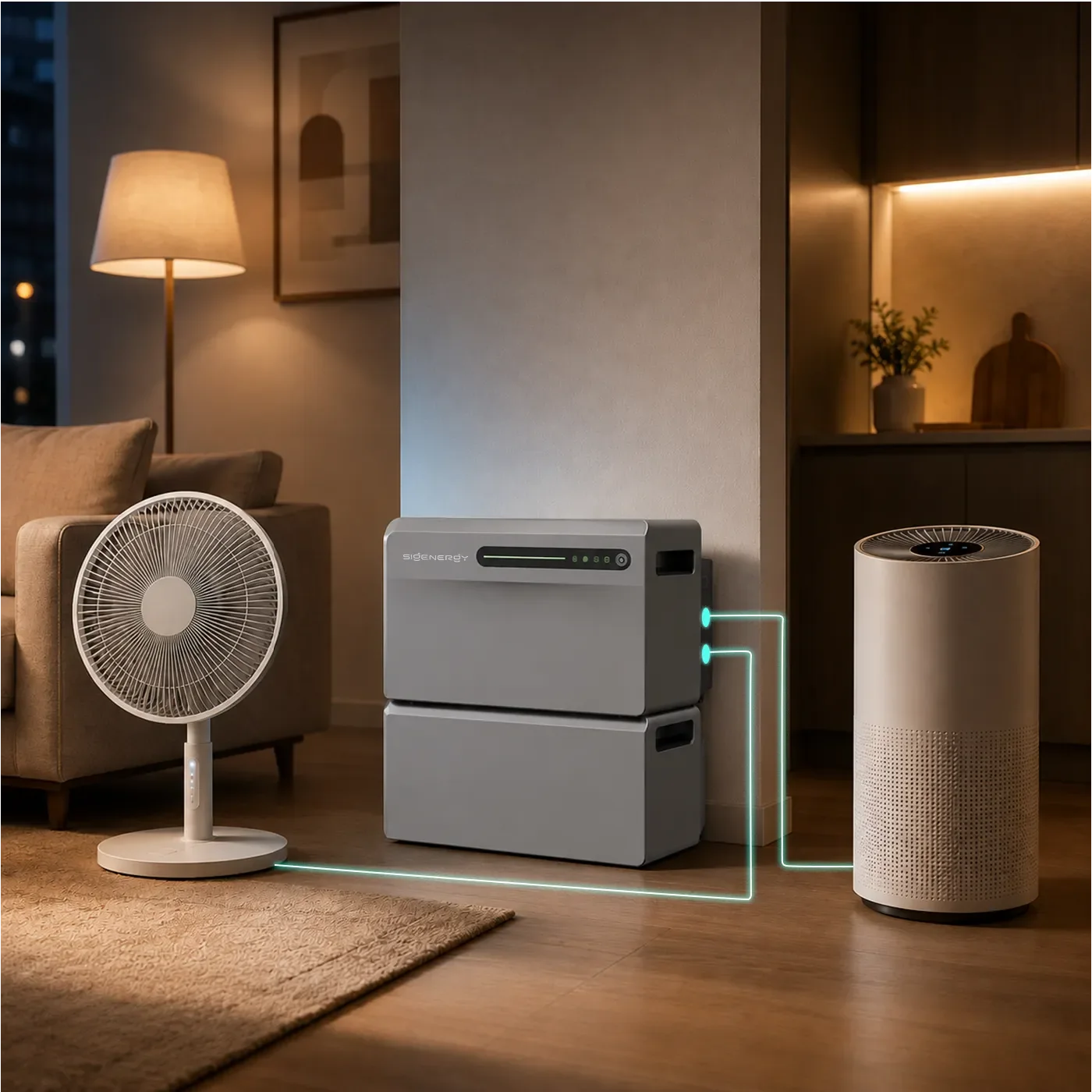 SigenMate in een woonkamer met een ventilator en luchtreiniger op de stopcontacten van het systeem